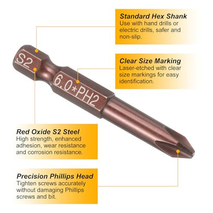 HARFINGTON 5pcs #2 Phillips Screwdriver Bit PH2 1/4" Hex Shank 2" (50mm) Long 0.24" Rod Magnetic Cross Head Drive Drill Bits S2 Steel Industrial Screw Driver Electric Power Tool, Brown - size: PH2 x 2" x 0.24"