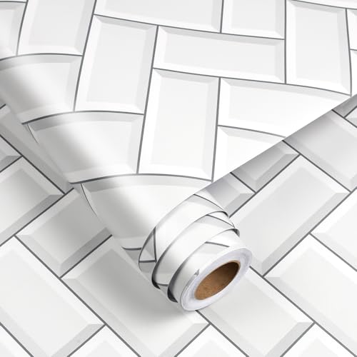 FunStick 17.5"x354" Herringbone White Wallpaper Peel and Stick Kitchen Backsplash Wallpaper Tile Contact Paper for Countertops Self Adhesive Vinyl Wall Paper Roll for Kitchen Bathroom Walls Waterproof - size: 17.5 x 354 Inches