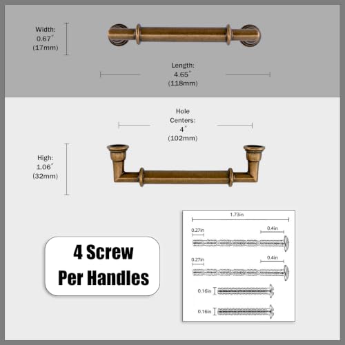 10 Pack Antique Brass Cabinet Pulls 4 Inch(102mm) Kitchen Cupboard Handles Solid Heavy Duty Zinc Alloy Drawer Pulls - color: Antique Brass, size: 4" Hole Center