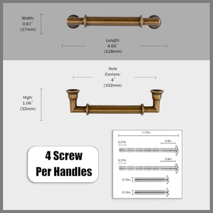 10 Pack Antique Brass Cabinet Pulls 4 Inch(102mm) Kitchen Cupboard Handles Solid Heavy Duty Zinc Alloy Drawer Pulls - color: Antique Brass, size: 4" Hole Center