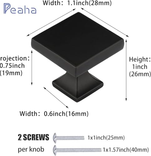 Peaha 15 Pack Black Cabinet Knobs, Square Zinc Alloy Drawer Knobs - color: Black