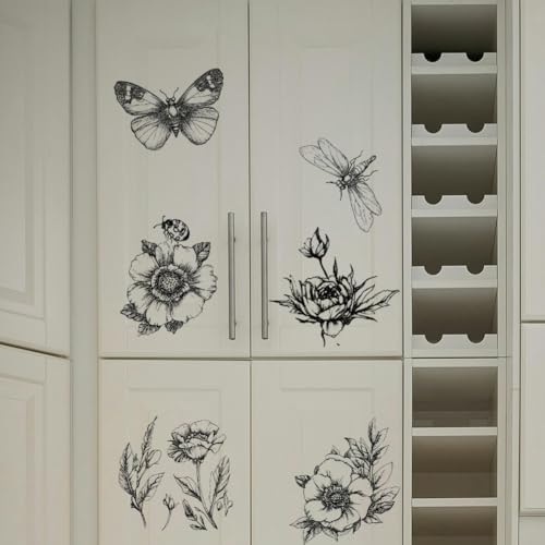 PLIGREAT 3 Sheets Black Flowers Rub on Transfer for Furniture 6"x12" Sketch Floral Butterfly Craft Transfer Rub on Dressers Wardrobe Decor Insect Transfers Decals for Scrapbooking Crafts Decorative - style: Sketch Flower
