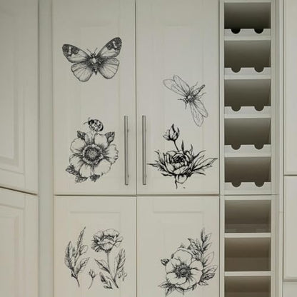 PLIGREAT 3 Sheets Black Flowers Rub on Transfer for Furniture 6"x12" Sketch Floral Butterfly Craft Transfer Rub on Dressers Wardrobe Decor Insect Transfers Decals for Scrapbooking Crafts Decorative - style: Sketch Flower