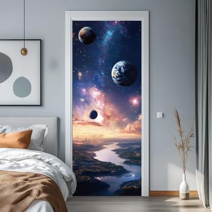arricraft 2 Sheets Planet Self-Adhesive Door Sticker, 31.5x78.7inch Milky Way Starry Sky Door Murals Stickers PVC Removable Wallpaper Decoration for Bedrooms Living Room - style: Planet