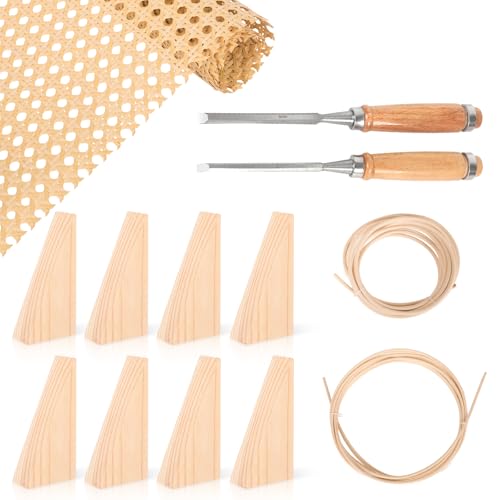Reaeng Rattan Repair Kit for Chair Caning, Complete Furniture Restoration Kit with 15.7 x 39.4 Inch Cane Webbing Roll, Spline, 2 Caning Chisels and 8 Wooden Wedges - color: Style A