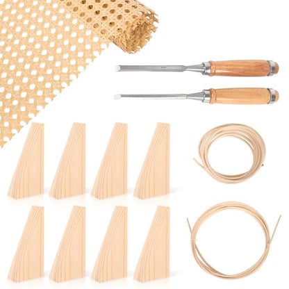 Reaeng Rattan Repair Kit for Chair Caning, Complete Furniture Restoration Kit with 15.7 x 39.4 Inch Cane Webbing Roll, Spline, 2 Caning Chisels and 8 Wooden Wedges - color: Style A