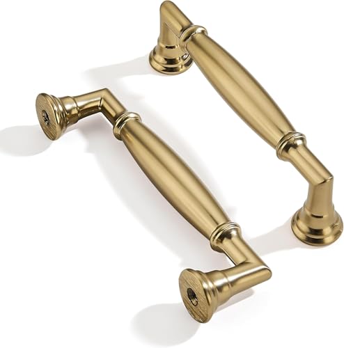 2 Pack 4 Inch Hole Center Brushed Brass Cabinet pulls Solid Satin Brass Heavy Duty Cabinet Pull Cabinet Handles Kitchen Cabinet Hardware Vanity Handles Bathroom Cabinet pulls - color: Brushed Brass, size: 4 Inch(102mm)hole center