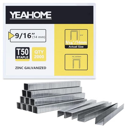 YEAHOME Heavy Duty Staples, 2000 Counts 9/16 inch T50 Staples, 20 Gauge Galvanized 3/8 Inch Crown Upholstery Staple for Pneumatic, Electric T50 Staple Gun - size: 9/16 inch