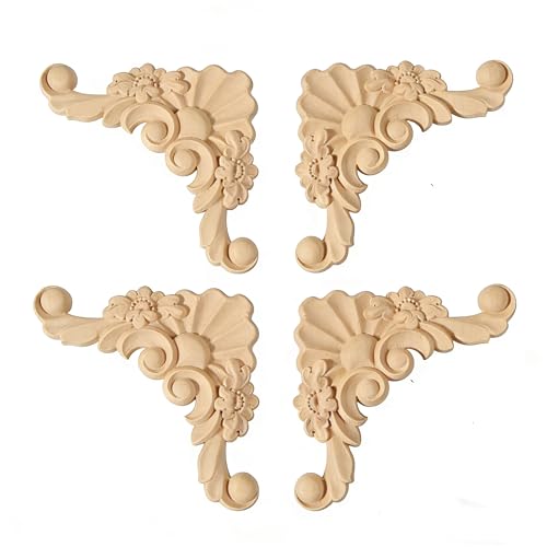 4PCS Unpainted Furniture Onlay Applique Frame Corner for Home, 9.5x9.5cm/3.74"x3.74", Unpainted Woodcarving Corner Decal Cabinet Door Wall Ceiling Dresser