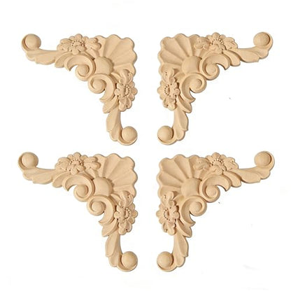 4PCS Unpainted Furniture Onlay Applique Frame Corner for Home, 9.5x9.5cm/3.74"x3.74", Unpainted Woodcarving Corner Decal Cabinet Door Wall Ceiling Dresser
