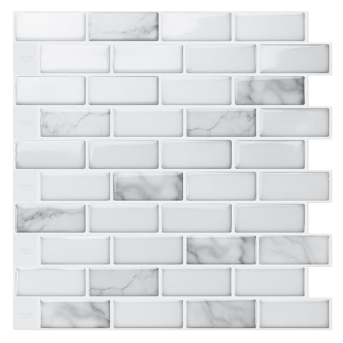 Art3d 10-Pack Peel and Stick Stone Backsplash Tile, 12" x 12", White Marble - color: White Marble