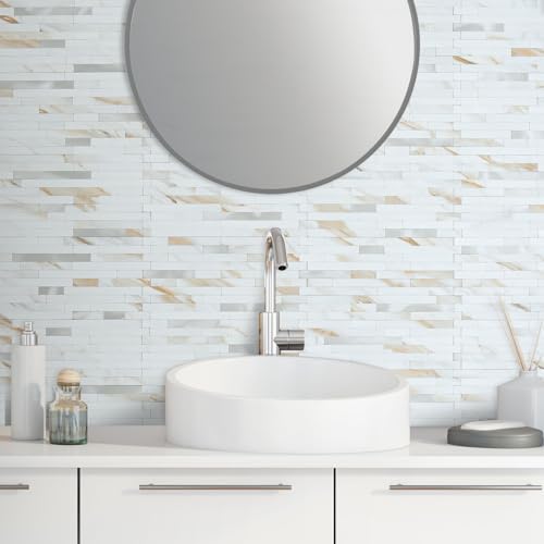 AULIGET 20 Sheets Calacatta Gold Peel and Stick Backsplash, PVC Mixed Metal Silver Wall Tile Stick on Backsplash for Kitchen and Bathroom - color: Calacatta Gold + Metal Silver, size: 20 Sheets, 6"x12"x0.12"