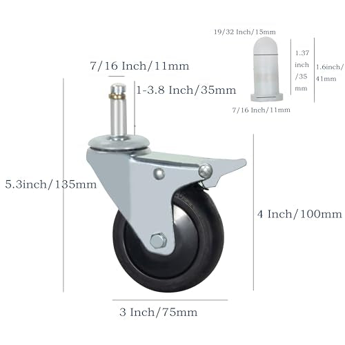 Stem Casters, 7/16" x 1-3/8" Swivel Casters (With Brake, 3 Inch) - color: With Brake, size: 3 Inch