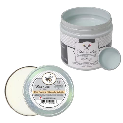 Colorantic-Bundle Blue Grey Chalk Paint (Raindance,16 Oz) and Clear Wax (4 Oz)