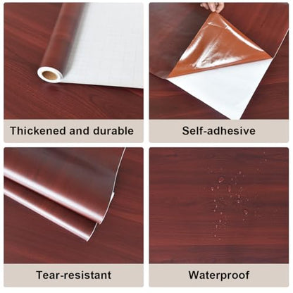 JSEVEM 16"×394" Cherry Wood Wallpaper Peel and Stick Red Brown Wood Grain Contact Paper Waterproof Mahogany Wood Wallpaper Adhesive Vinyl Wrap Furniture Stickers for Kitchen Cabinets Table Countertops - color: Red Brown, size: 16" x 394"