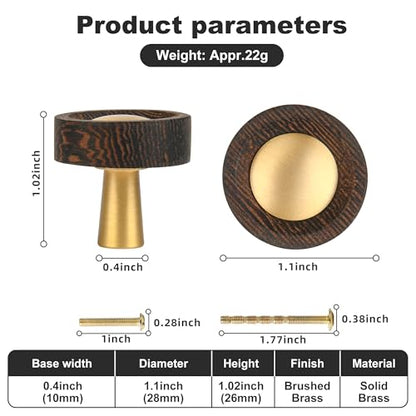 SALISENG- Wooden Brass Cabinet Drawer Knobs 5 Pack, 1.1 Inch Dresser Drawer Vanity Pulls, Modern Furniture Door Hardware Pulls for Cupboard Closet Wardrobe