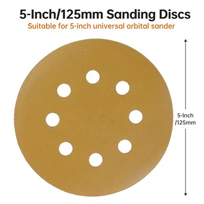 ZKH 100 PCS 5 Inch Sanding Discs, 8 Hole Hook and Loop Sanding Discs 60/80/120/180/240/320/400 Assorted Grits Sandpaper for Random Orbital Sander, Golden