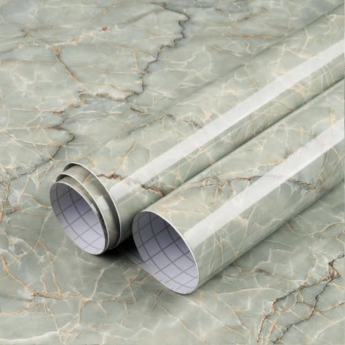 LACHEERY Large Size 160 x 36 inch Marble Grey Green Contact Paper Decorative Self Adhesive Wallpaper Removable Wallpaper Stick and Peel Countertop Contact Paper for Cabinets Backsplash Drawer Liners - size: 36" x 160"