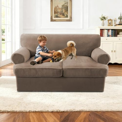 Turquoize Sofa Cover 3 Piece T Cushion Loveseat Covers for 2 Cushion Couch Thick Velvet Couch Cover Stretch Furniture Covers with 2 Individual T Cushion Covers, Washable (2 Cushion Loveseat, Mocha) - color: Mocha, size: Loveseat (2 Cushion)