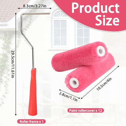 4 Inch Mohair Paint Roller Kit, 12 Pack Small Paint Roller Set with Frame, Nap Lint-Free and Shed-Resistant Mini Roller Covers for Cabinets, Doors, Wood, Furniture, Corners, Trim and Walls