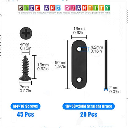 Glarks 20 Sets 50mm Flat Straight Corner Brace Black Metal Joint Plate Connector Repair Fixing Bracket with 45Pcs Screws for Wood Furniture (50x2mm) - size: 50x2mm