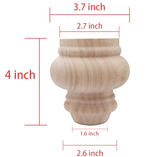 4'' Furniture Legs Wooden Unfinished Bun Feet for Sofa, Chair, Loveseat, Ottoman, Dresser Foot Set of 4