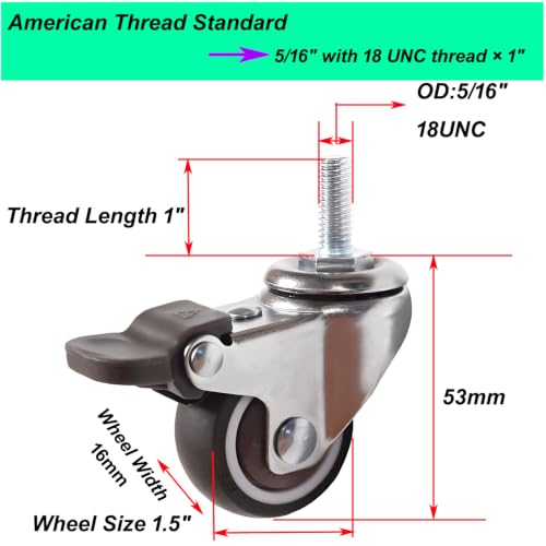 1.5" Thread Caster 5/16"-18UNC x 1" Stem Set of 4 All Brake Quiet Wheels - size: 1.5" Caster 5/16in Stem