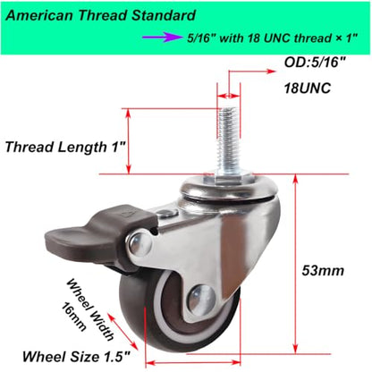 1.5" Thread Caster 5/16"-18UNC x 1" Stem Set of 4 All Brake Quiet Wheels - size: 1.5" Caster 5/16in Stem