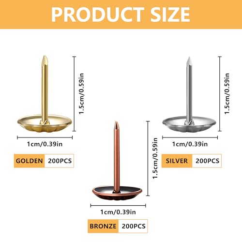 600Pcs Thickened Daisy Push Pins, Upholstery Tacks for Sofa Boxes Cabinets, Antique Bronze Iron Nails,Hardware Round Head Soft, 3 Colors of Chrysanthemum Push Pins (Gold, Antique Brass, Silver)