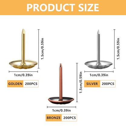 600Pcs Thickened Daisy Push Pins, Upholstery Tacks for Sofa Boxes Cabinets, Antique Bronze Iron Nails,Hardware Round Head Soft, 3 Colors of Chrysanthemum Push Pins (Gold, Antique Brass, Silver)