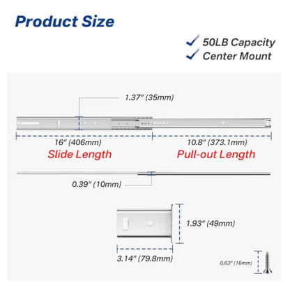 16 Inch Center Mount Drawer Slides 4 Pcs, Heavy Duty Hidden Rails - size: 16 Inch