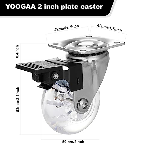 2" Caster Wheels Set of 4, Heavy Duty Casters with Brake, Crystal Clear Swivel Plate Castors, No Noise Locking Casters with Transparent Polyurethane (PU) Wheels (2 inch) - style: 2 inch