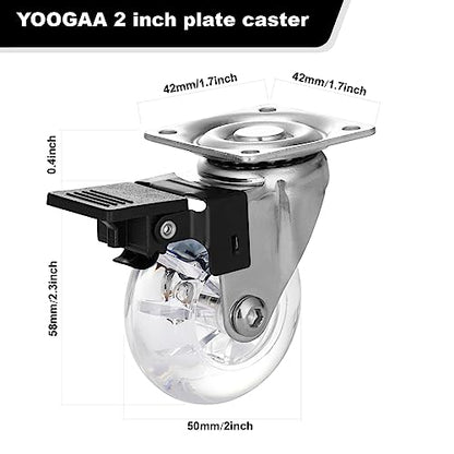 2" Caster Wheels Set of 4, Heavy Duty Casters with Brake, Crystal Clear Swivel Plate Castors, No Noise Locking Casters with Transparent Polyurethane (PU) Wheels (2 inch) - style: 2 inch