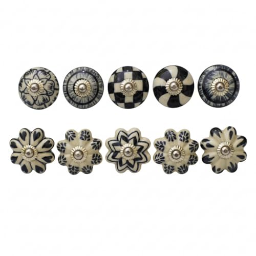 Ceramic Knobs: Cabinet & Furniture Knobs, Black & White, 6 x 3.8 cm, Set of 10, Glossy Finish, Hand-Painted, Traditional Style - color: cute_f, size: 6 x 3.8 cm (Set of 10)