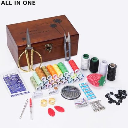 Wooden Sewing Kit Box, Wooden Sewing Box with Sew Kit Accessories - color: Retro Dandelion