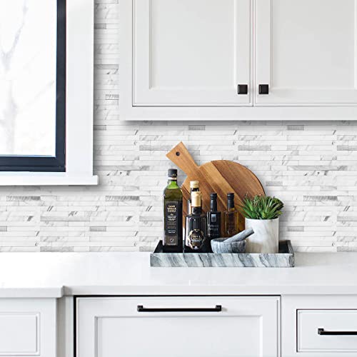 AULIGET 20 Sheets Faux Stone Peel and Stick Backsplash, White Marble Look PVC Wall Tiles Stick on Backsplash for Kitchen - color: Marble White + Metal Silver, size: 20 Sheets, 6"x12"x0.12"