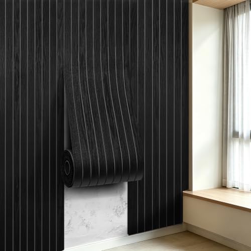 3D Peel and Stick Wall Panels PVC Grille Slat 394"x15.8" Self-Adhesive Wall Sticker Soundproof Paneling for Walls and Ceiling in Faux Black Wood Grain Texture - color: Black Wood Grain, size: 394"x15.8"