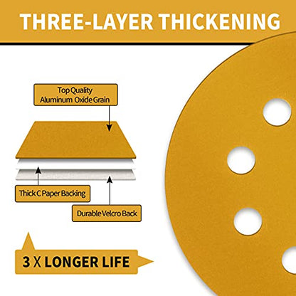 100 Pcs 5 Inch Sanding Discs Hook and Loop, 8 Hole Gold Premium 320 Grit Dustless Random Orbit Sandpaper for Woodworking or Automotive - style: 320 Grit-100 Discs