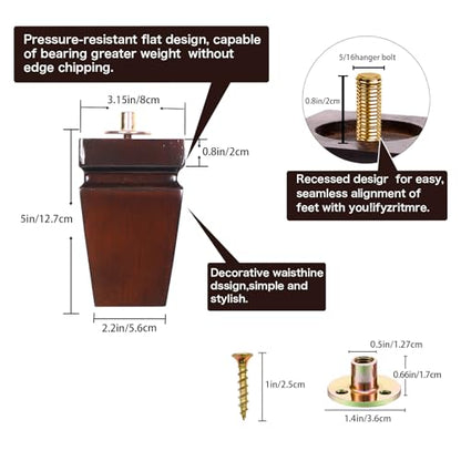 Wood Legs for Furniture 5 inch Heavy Duty Sofa Legs Square Brown Bed Legs Pack of 4, Mid Century Chair Feet, Sofa Replacement Parts, Dresser Leg Sideboard Recliner Couch Riser - color: Brown, size: 5"H*3.15"W