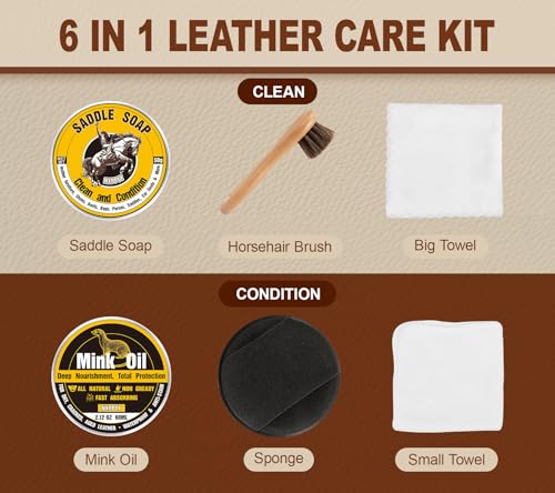 Leather Boot Care Kit, Mink Oil & Saddle Soap for Leather Cleaning & Leather Boots, 6-in-1 Leather Shoe Care Kit