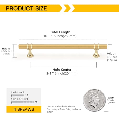 Rergy 10 Pack 8-1/16 Inch Hole Center Gold Handles for Cabinets - color: Gold, size: 8-1/16in Hole Center(204mm)