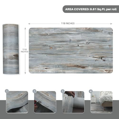 Wood Grain Peel and Stick Floor Tiles, 11.8" W × 118" L, Tide‑Washed - color: Sunwashed Blue, size: 118"*11.8"