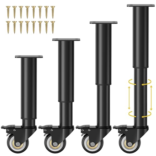 Wlrrcwdttc 7-12 inch Metal Adjustable Furniture Legs with 2.36 inch Swivel Caster Wheels for Cabinet/Sofa/Bed/Dresser/Couch/Coffee Table,Heavy Duty Replacement Support Legs with Caster Wheels Set of 4