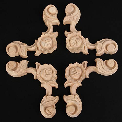 Rose Carved Appliques Onlays, 4Pcs Unpainted Wood Carvings Decals - size: 9x9cm/3.54"x3.54"