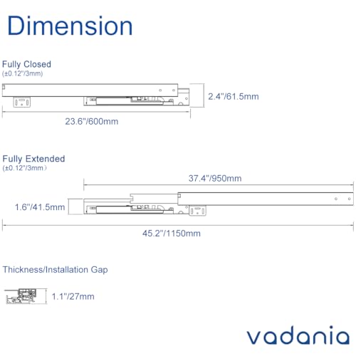 VADANIA #BK54 24" Undermount Drawer Slide, Soft Close - size: 24 Inch, style: Soft Close