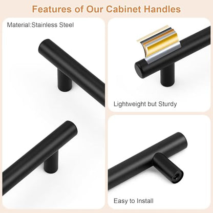 Probrico 30 Pack Holes Centers(64mm) 2.5inch Flat Black Kitchen Cabinet Pulls, Stainless Steel Dresser Drawer Handles, 4inch Length Modern T Bar Pull Handle for Bedroom - size: Center to Center: 2.5 inch