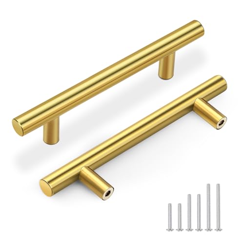 Gobrico 5 Pack Brushed Brass Kitchen Cabinet Handles 3-3/4in(96mm) Dresser Drawer Pulls Gold Cabinet Handles for Modern Bedroom Bathroom Cabinet Pulls - color: Gold, size: 3-3/4 Inch Hole Center