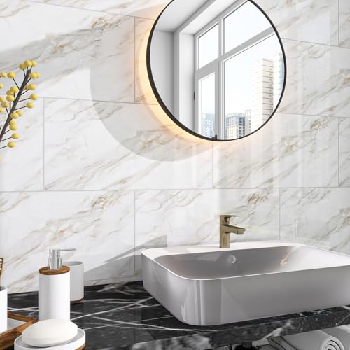 Marble Peel and Stick Backsplash 23.6 x11.8 in, 10PCS - color: Yellow-Gray Marble