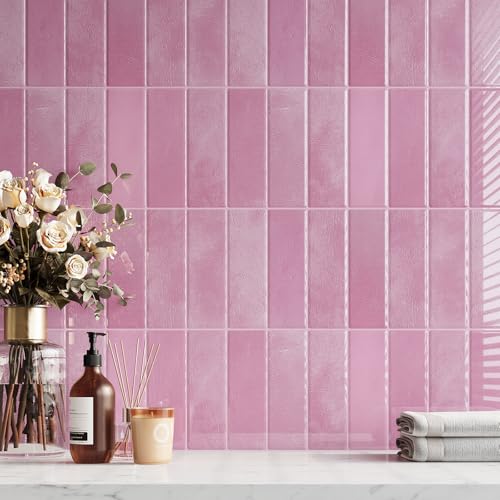 VaryPaper Pink Peel and Stick Backsplash for Kitchen 10 Sheets 12''x12'' Pink Subway Tile Stick on Backsplash Waterproof Vinyl Back Splash Removable Self Adhesive Wall Tiles for Bathroom Laundry Room - color: Pink, size: 10 Sheets