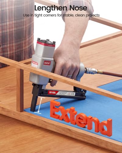 meite Pneumatic Staple Gun with Extended Nose, for 21 Gauge 1/2-Inch Crown Staples, Upholstery Stapler for Woodworking, Carpentry, and DIY Projects (Model 8016BL)